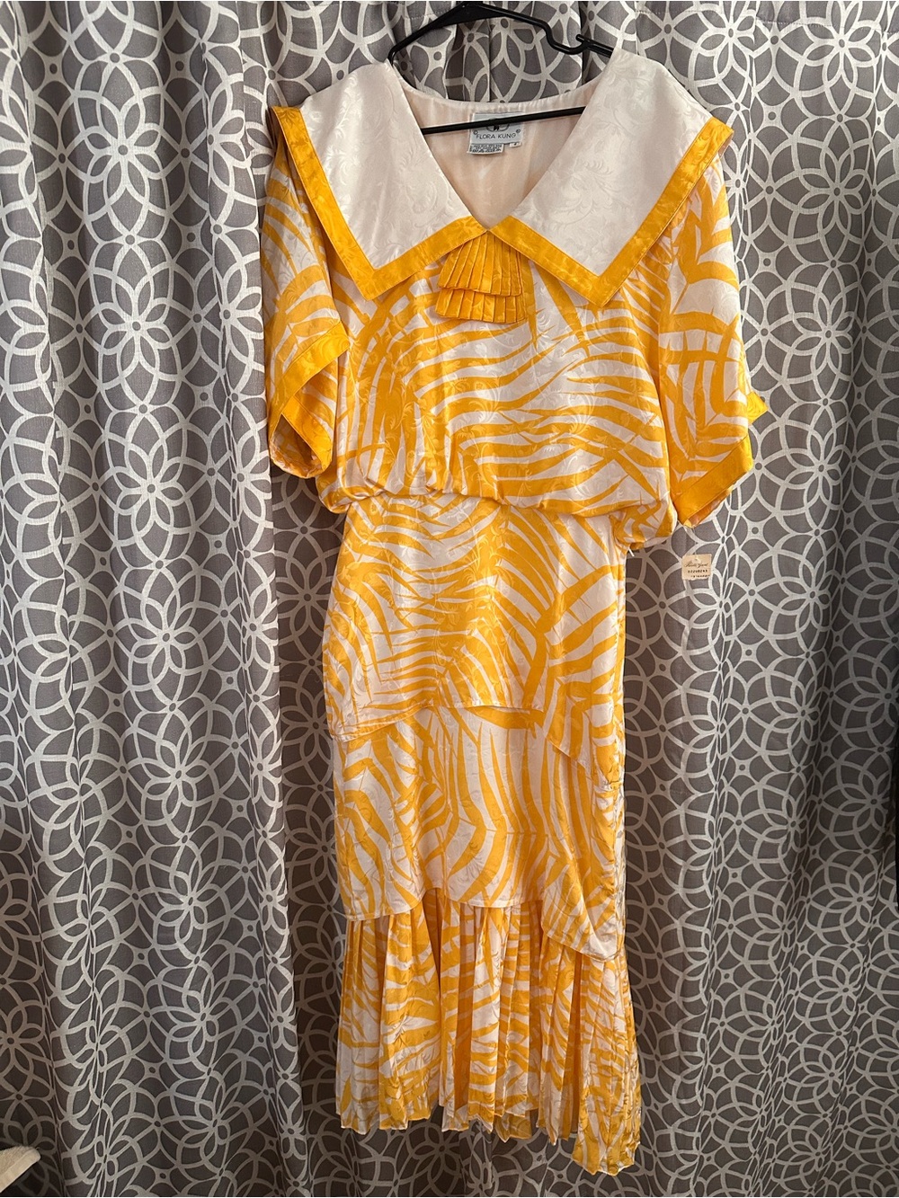 Flora Kung 100% Silk Yellow & White Patterned Women's Dress w Sailor Collar, 8